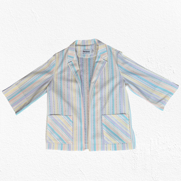 1970s Vintage Pastel Striped Blazer Jacket Polyester Openwork USA Made Size 12 - Picture 1 of 7